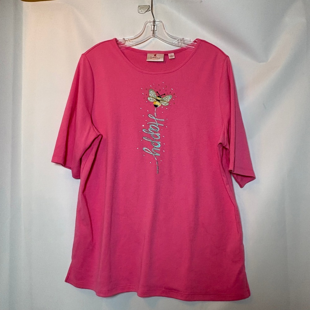 NWT Quaker Factory Women's Large Pink‎ Happy Bee Rhinestone Tunic Top Mature